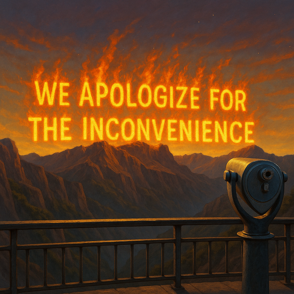 We apologize for the inconvenience over a mountain sunset.